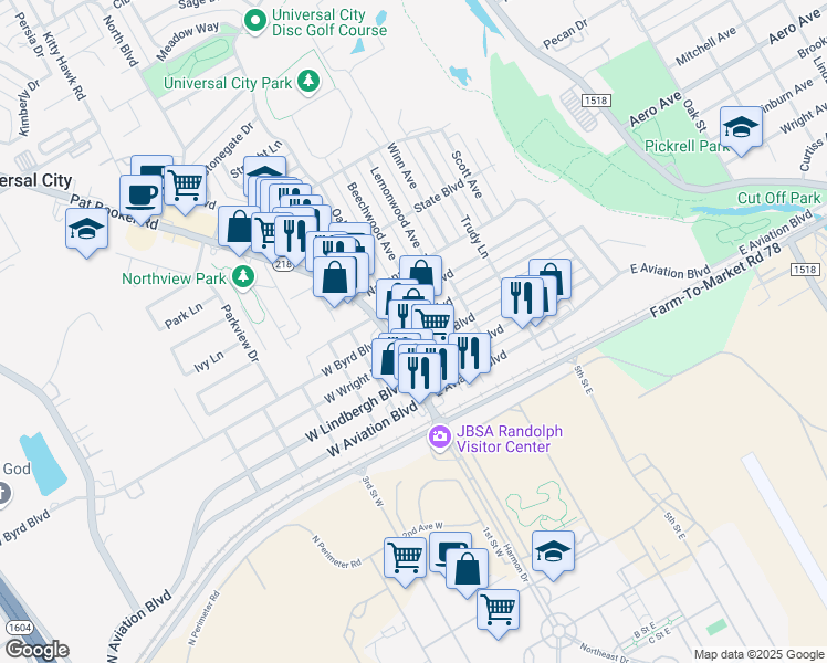 map of restaurants, bars, coffee shops, grocery stores, and more near 118 East Byrd Boulevard in Universal City