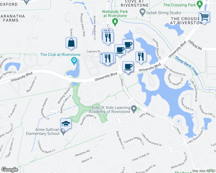 map of restaurants, bars, coffee shops, grocery stores, and more near 4935 Fairford Drive in Sugar Land