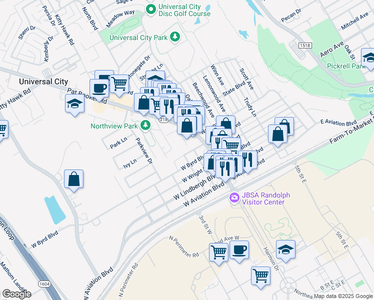 map of restaurants, bars, coffee shops, grocery stores, and more near 209 W Langley Blvd in Universal City