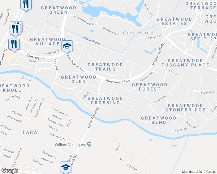 map of restaurants, bars, coffee shops, grocery stores, and more near 1226 Wood Haven Court in Sugar Land