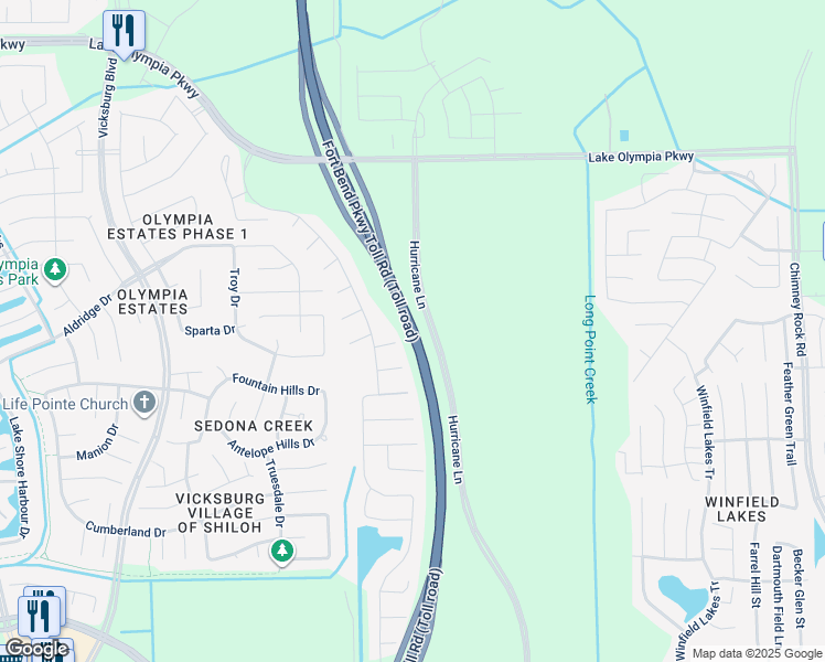 map of restaurants, bars, coffee shops, grocery stores, and more near Fort Bend Parkway Toll Road in Missouri City