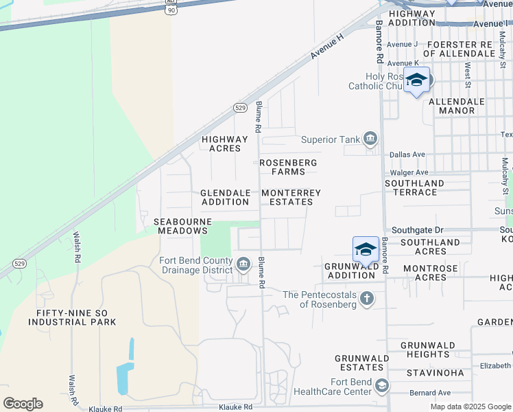 map of restaurants, bars, coffee shops, grocery stores, and more near 618 Blume Road in Rosenberg