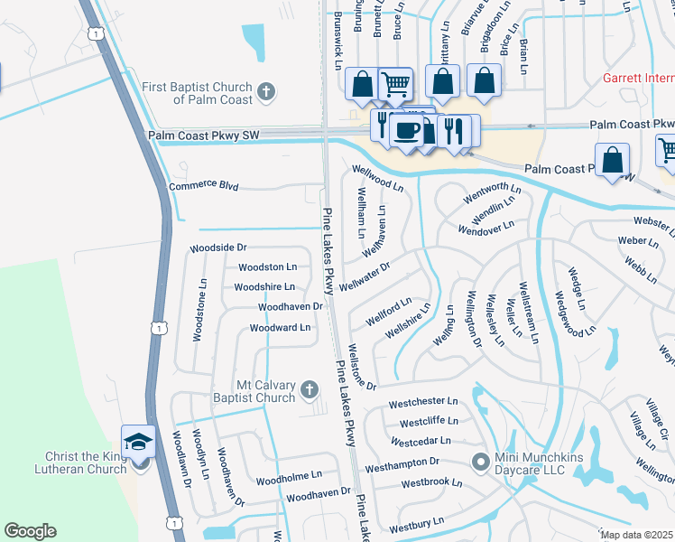 map of restaurants, bars, coffee shops, grocery stores, and more near 8 Wellwood Lane in Palm Coast