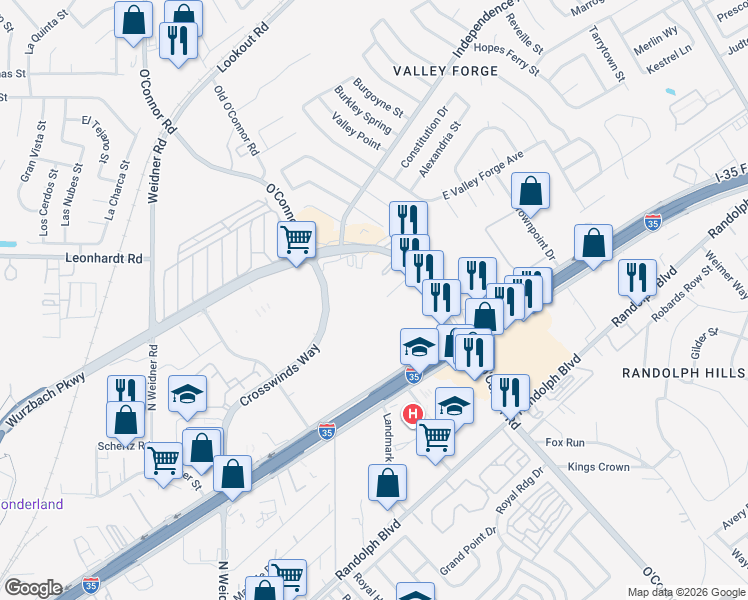 map of restaurants, bars, coffee shops, grocery stores, and more near 11357 Interstate 35 in San Antonio