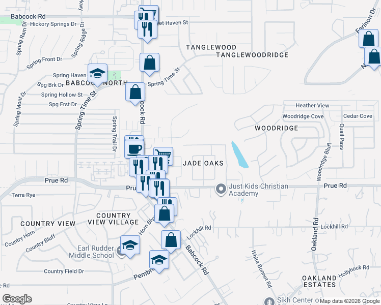 map of restaurants, bars, coffee shops, grocery stores, and more near 11251 Jade Spring in San Antonio