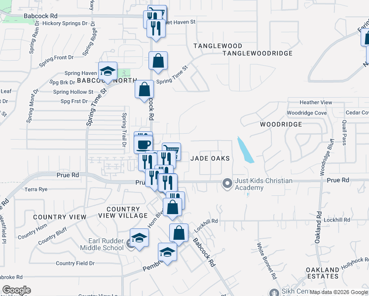 map of restaurants, bars, coffee shops, grocery stores, and more near 11251 Jade Spring in San Antonio