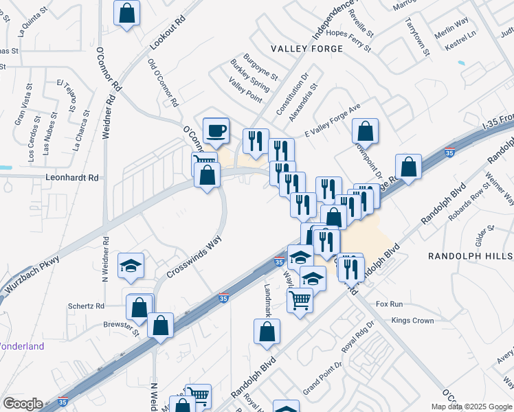 map of restaurants, bars, coffee shops, grocery stores, and more near 11357 Interstate 35 in San Antonio