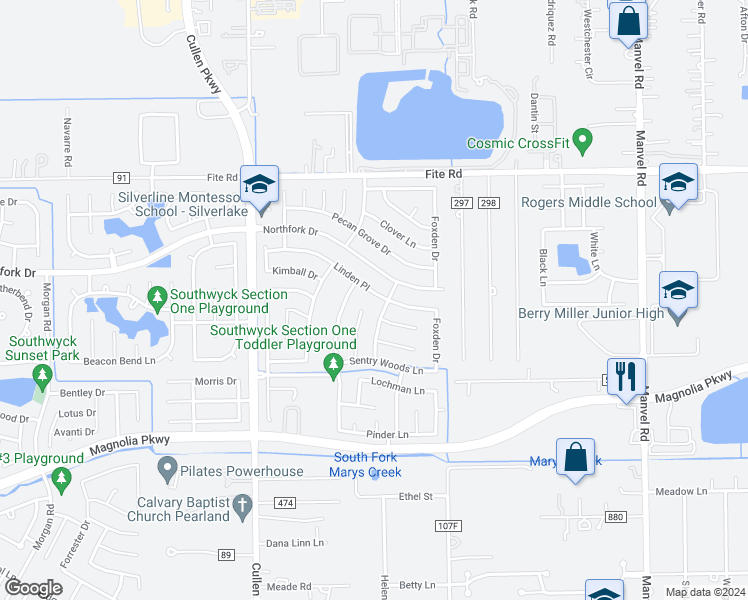 map of restaurants, bars, coffee shops, grocery stores, and more near 4822 Linden Place in Pearland