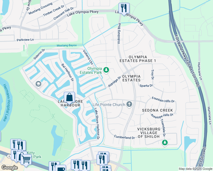 map of restaurants, bars, coffee shops, grocery stores, and more near 3622 Aldridge Drive in Missouri City