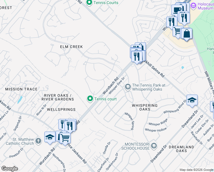 map of restaurants, bars, coffee shops, grocery stores, and more near 11627 Whisper Dew Street in San Antonio