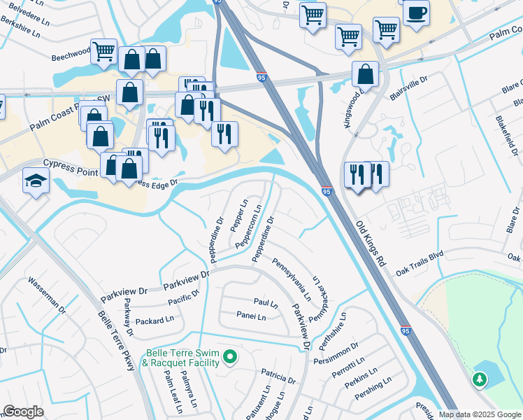 map of restaurants, bars, coffee shops, grocery stores, and more near 56 Peppercorn Lane in Palm Coast