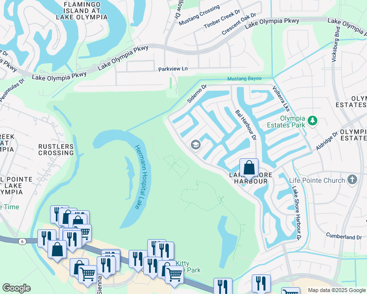 map of restaurants, bars, coffee shops, grocery stores, and more near 2302 Palm Harbour Drive in Missouri City