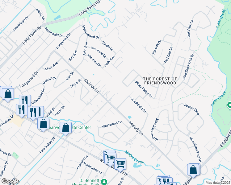 map of restaurants, bars, coffee shops, grocery stores, and more near 901 Melody Lane in Friendswood