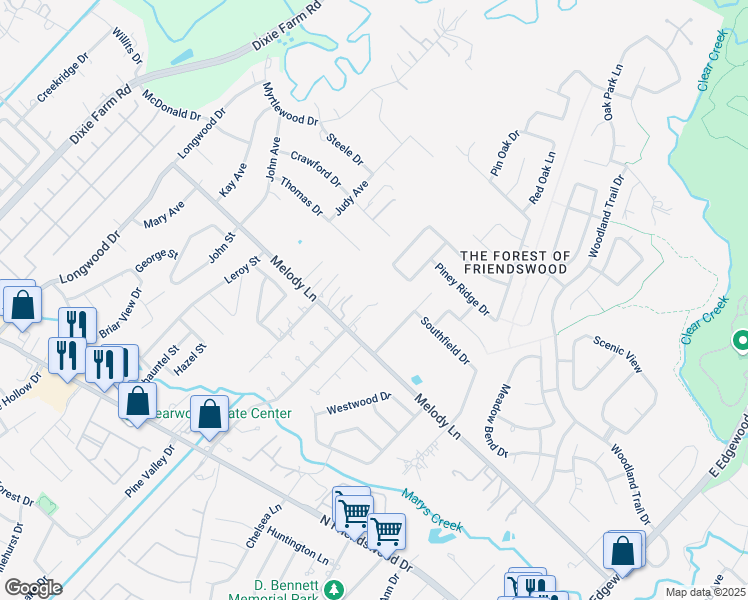 map of restaurants, bars, coffee shops, grocery stores, and more near 901 Melody Lane in Friendswood