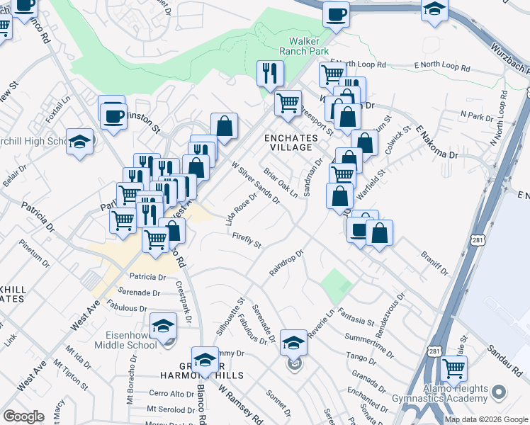map of restaurants, bars, coffee shops, grocery stores, and more near 11619 Intrigue Drive in San Antonio