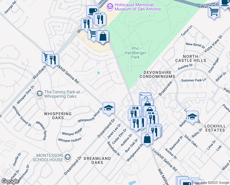 map of restaurants, bars, coffee shops, grocery stores, and more near 2702 Cembalo Boulevard in San Antonio