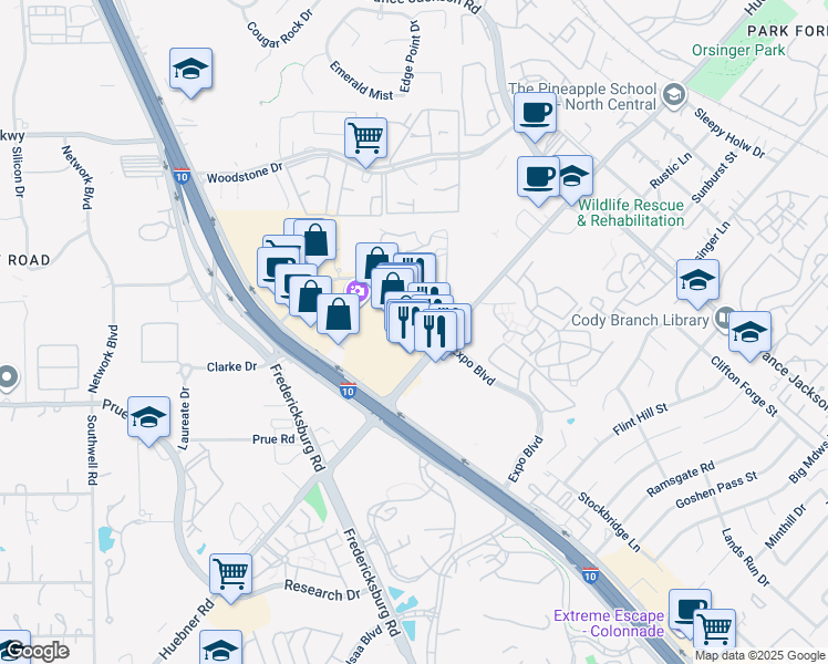 map of restaurants, bars, coffee shops, grocery stores, and more near 11267 Huebner Road in San Antonio