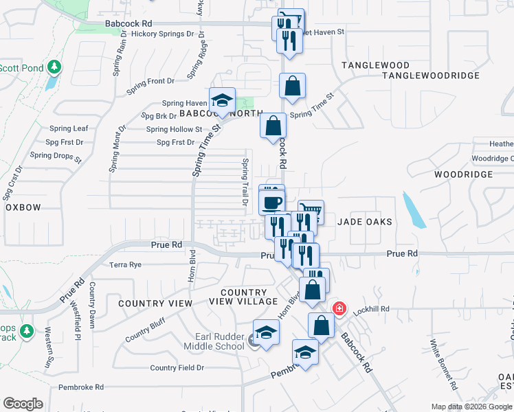 map of restaurants, bars, coffee shops, grocery stores, and more near 6518 Babcock Terrace in San Antonio