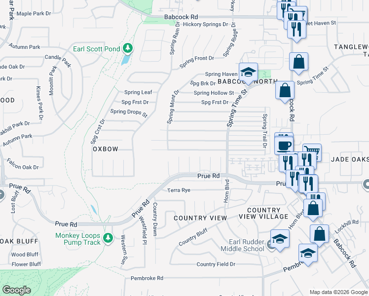 map of restaurants, bars, coffee shops, grocery stores, and more near 6834 Spring Garden Street in San Antonio