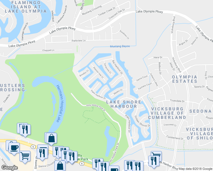 map of restaurants, bars, coffee shops, grocery stores, and more near 4002 Calabria Bay Court in Missouri City