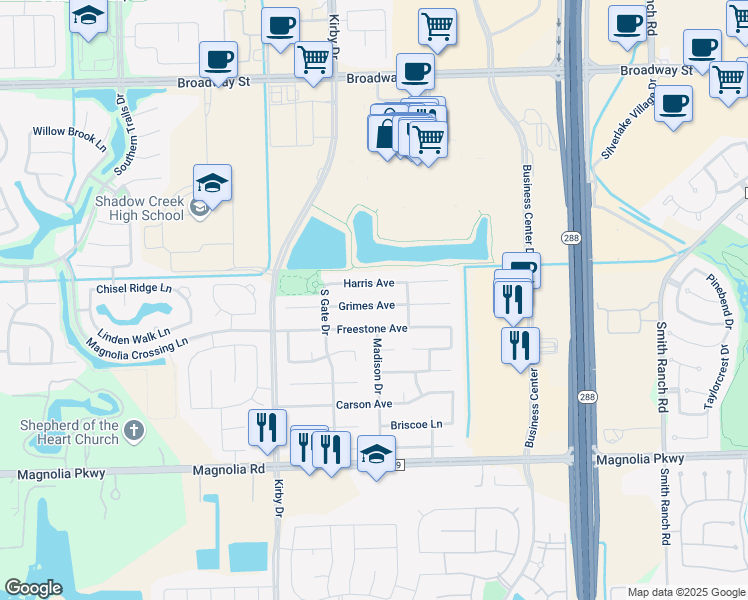 map of restaurants, bars, coffee shops, grocery stores, and more near 11406 Grimes Avenue in Pearland