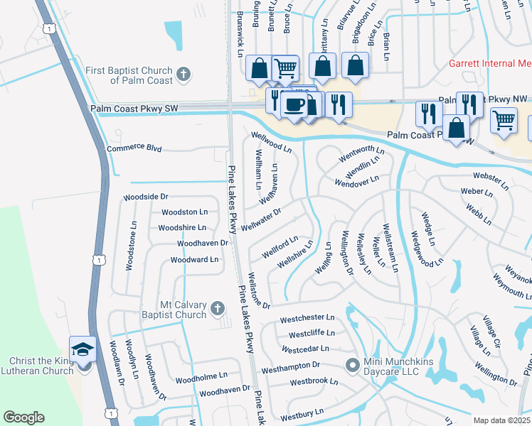 map of restaurants, bars, coffee shops, grocery stores, and more near 34 Wellwater Drive in Palm Coast