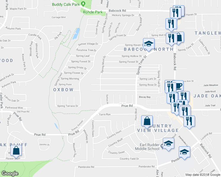 map of restaurants, bars, coffee shops, grocery stores, and more near 6834 Spring Garden Street in San Antonio