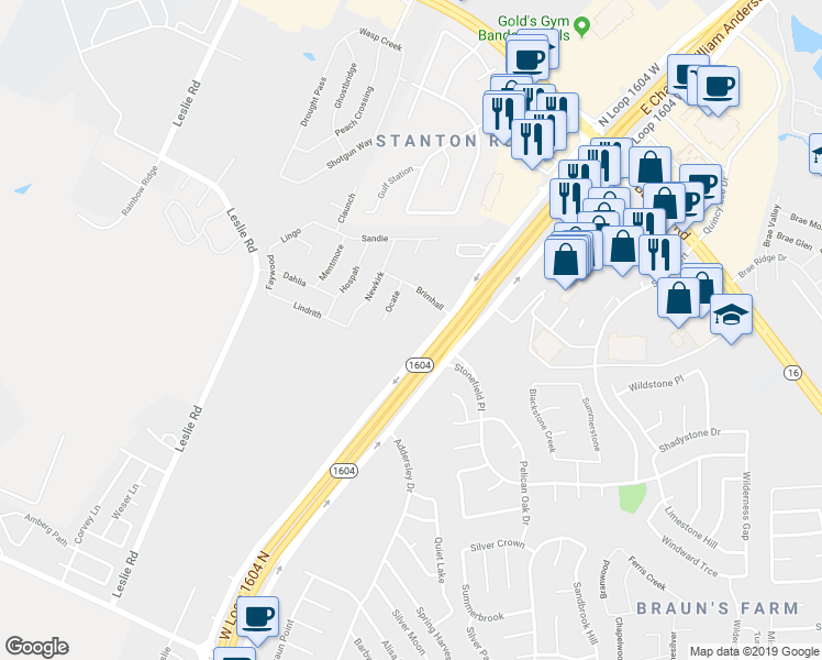 map of restaurants, bars, coffee shops, grocery stores, and more near 11155 Texas 1604 Loop in San Antonio