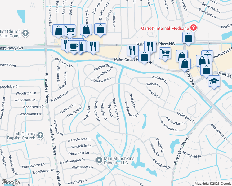 map of restaurants, bars, coffee shops, grocery stores, and more near 85 Wedgewood Lane in Palm Coast