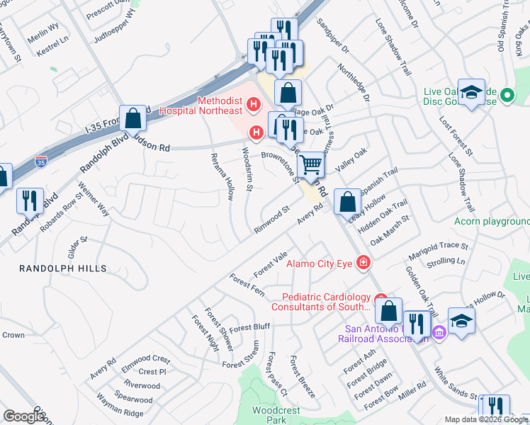 map of restaurants, bars, coffee shops, grocery stores, and more near 12014 Wilderness Trail in Live Oak