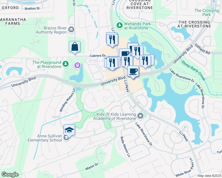 map of restaurants, bars, coffee shops, grocery stores, and more near 4935 Fairford Drive in Sugar Land
