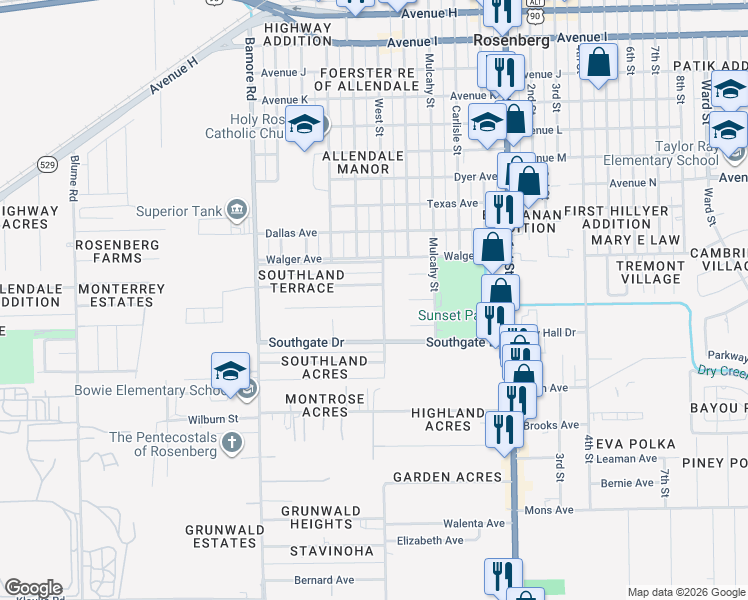 map of restaurants, bars, coffee shops, grocery stores, and more near 2027 West Street in Rosenberg