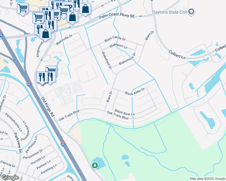 map of restaurants, bars, coffee shops, grocery stores, and more near 40 Blare Drive in Palm Coast