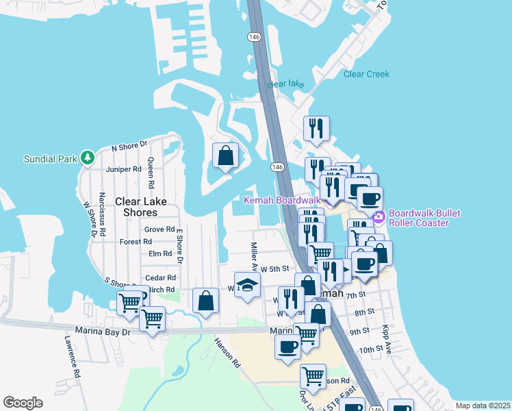 map of restaurants, bars, coffee shops, grocery stores, and more near one Portofino Plaza in Clear Lake Shores