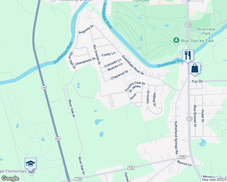 map of restaurants, bars, coffee shops, grocery stores, and more near 1051 Country Club Drive in Seguin