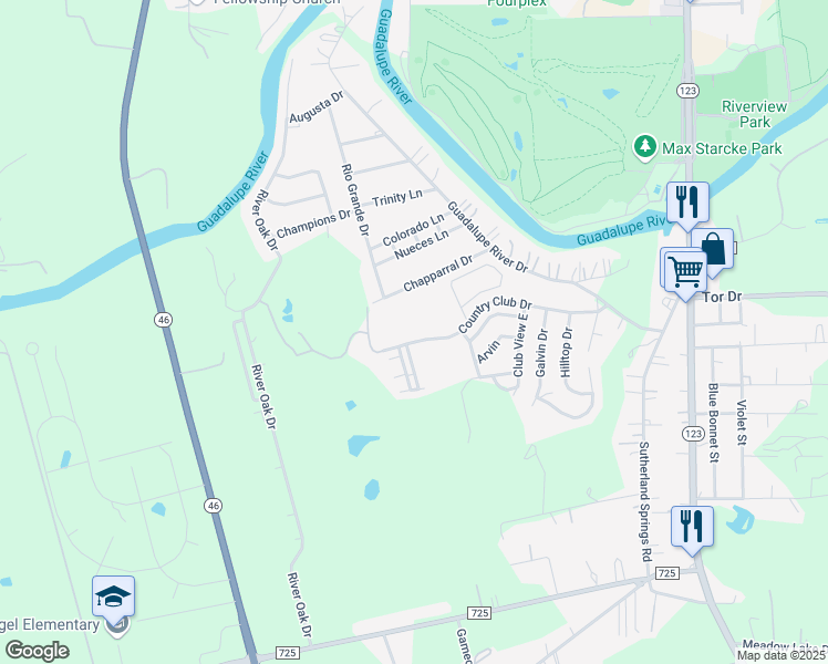 map of restaurants, bars, coffee shops, grocery stores, and more near 1051 Country Club Drive in Seguin