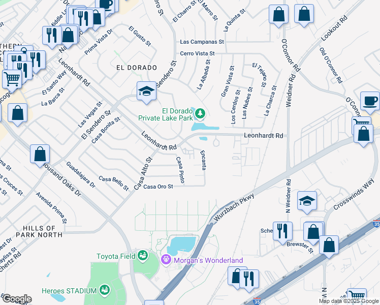 map of restaurants, bars, coffee shops, grocery stores, and more near 11710 Casa Pinto Street in San Antonio