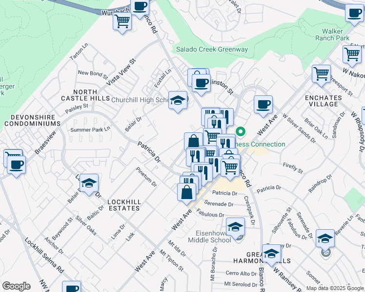 map of restaurants, bars, coffee shops, grocery stores, and more near 11710 Parliament Street in San Antonio