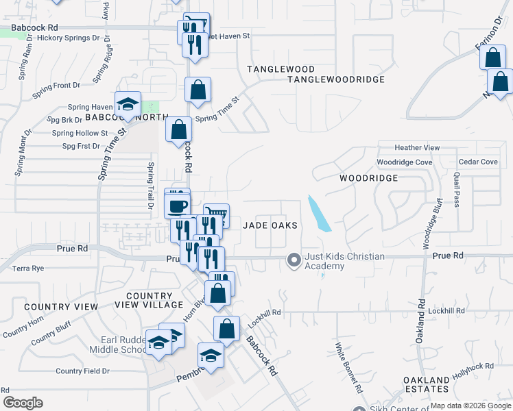 map of restaurants, bars, coffee shops, grocery stores, and more near 11239 Jadestone Boulevard in San Antonio