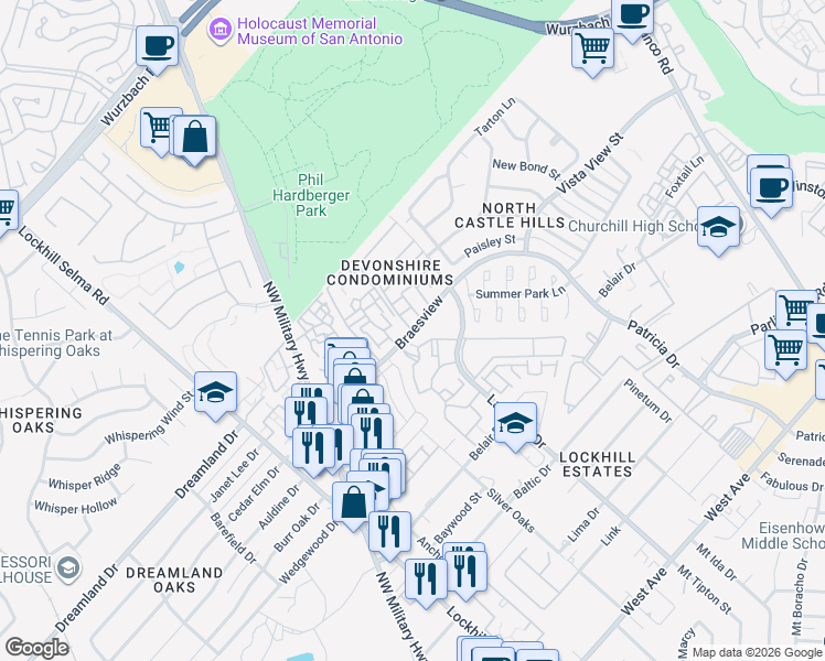 map of restaurants, bars, coffee shops, grocery stores, and more near Braesview in San Antonio