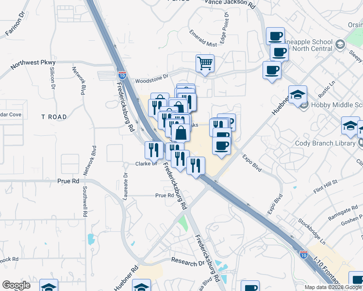 map of restaurants, bars, coffee shops, grocery stores, and more near 11075 Huebner Oaks in San Antonio
