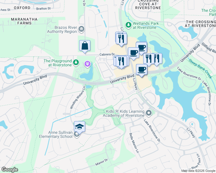 map of restaurants, bars, coffee shops, grocery stores, and more near 4811 Fairford Drive in Sugar Land