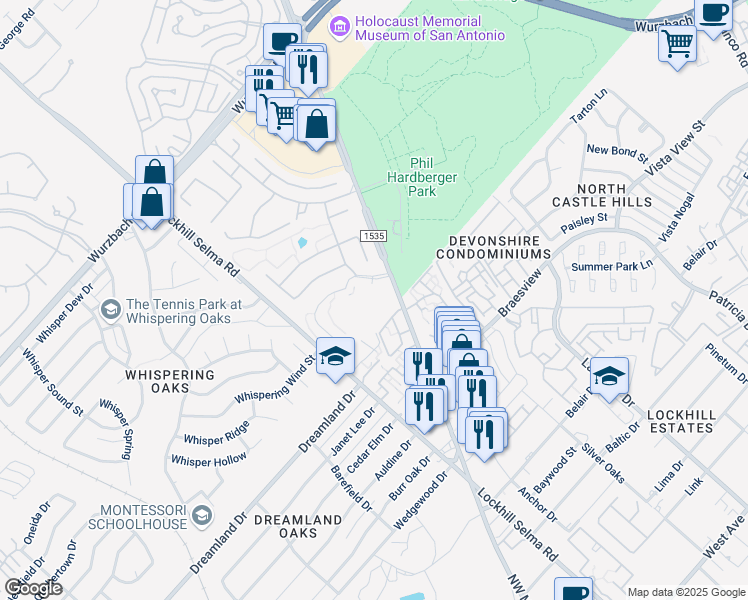 map of restaurants, bars, coffee shops, grocery stores, and more near 2702 Cembalo Boulevard in San Antonio