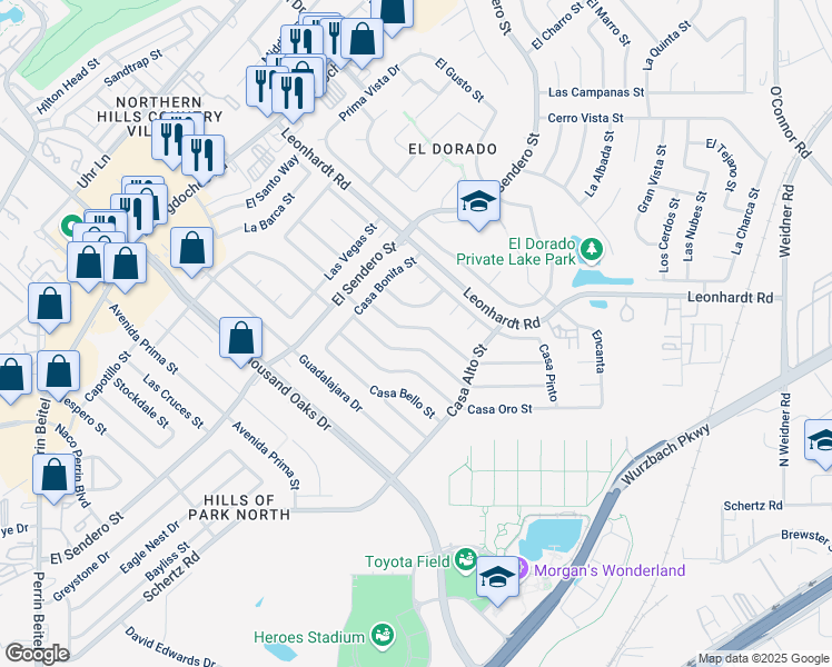 map of restaurants, bars, coffee shops, grocery stores, and more near 4744 Casa Verde Street in San Antonio