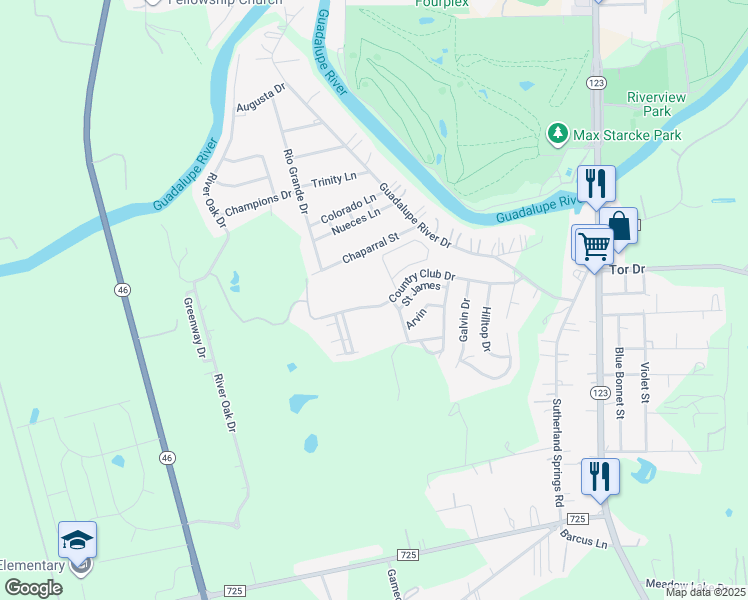 map of restaurants, bars, coffee shops, grocery stores, and more near 212 Club View West in Seguin