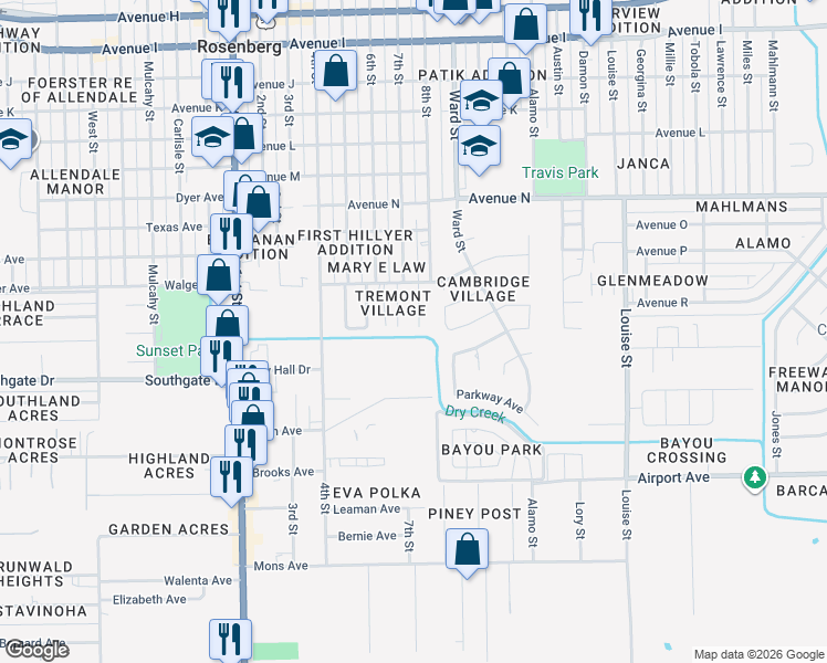 map of restaurants, bars, coffee shops, grocery stores, and more near 2020 Tremont Court in Rosenberg