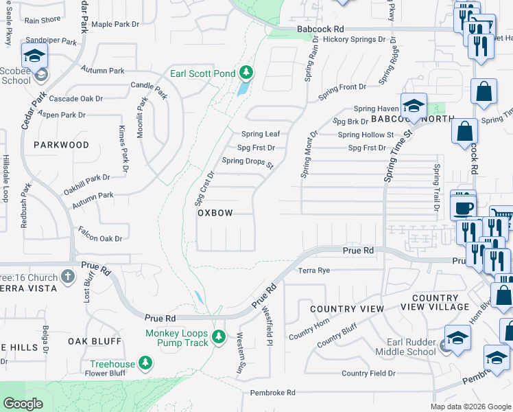 map of restaurants, bars, coffee shops, grocery stores, and more near 11246 Spring Rain in San Antonio