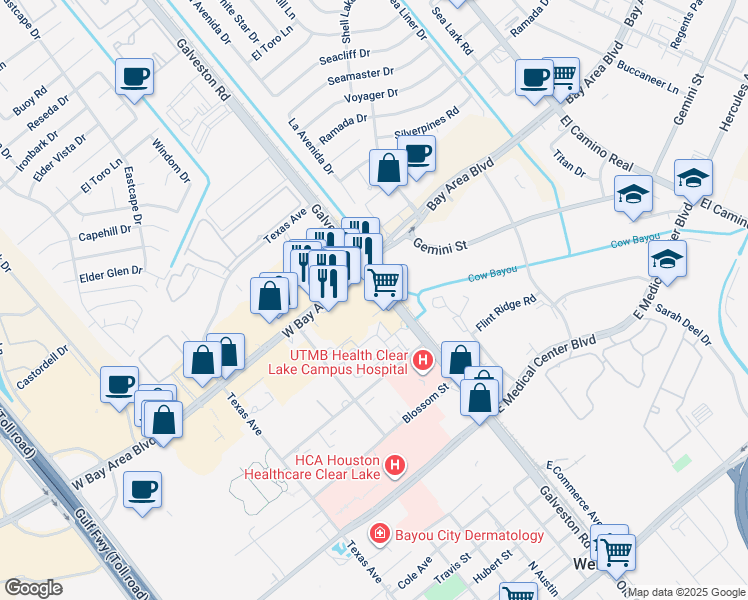 map of restaurants, bars, coffee shops, grocery stores, and more near 151 Bay Area Boulevard in Webster