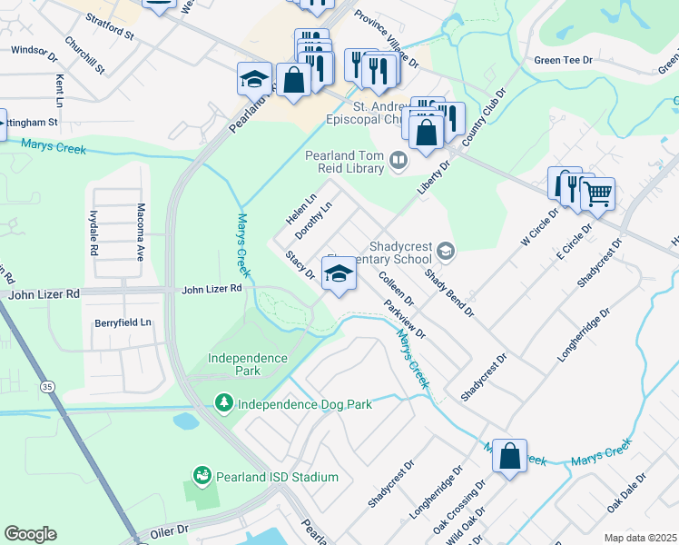 map of restaurants, bars, coffee shops, grocery stores, and more near 3801 Liberty Drive in Pearland