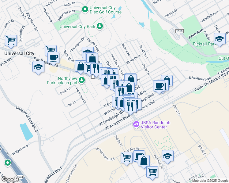 map of restaurants, bars, coffee shops, grocery stores, and more near 513 Pat Booker Road in Universal City
